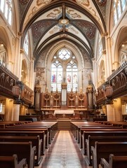 Fototapeta premium Majestic Interior of Historic Cathedral with Ornate Gothic Architecture and Stained Glass Windows
