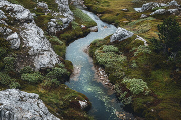 Aerial view of a narrow mountain stream winding through a rocky landscape. Focus on the simplicity of the clear water cutting through the rugged terrain.