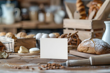 Minimalist paper blank mockup on wooden table with bread and pastries and blurred bakery background. White card with copy space.