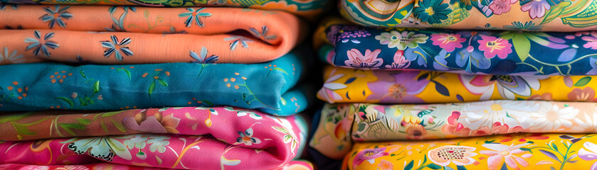A stack of colorful fabric with floral designs. The colors are bright and cheerful, and the flowers are arranged in a way that creates a sense of depth and dimension. Scene is one of warmth
