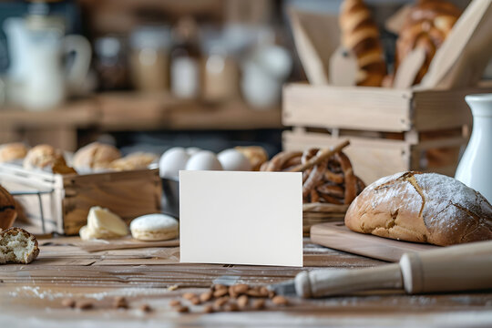Minimalist paper blank mockup on wooden table with bread and pastries and blurred bakery background. White card with copy space.