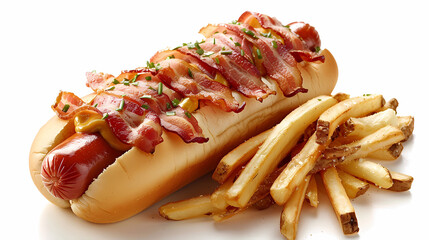 Hot Dog with French Fries close-up, angle view, food photography