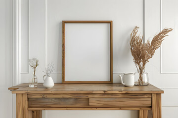 Vertical frame for wall art mock up on the wooden table with picture frame. Modern minimalist Japandi interior design.