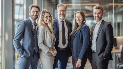 Diverse team of business professionals standing together in a modern office, dressed in formal business attire, smiling confidently. teamwork and success concept