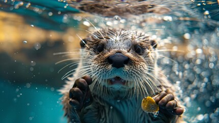 An otter is swimming in the water and it seems to be very happy.