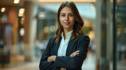A professional young woman in a business suit stands with arms crossed in a modern office building lobby