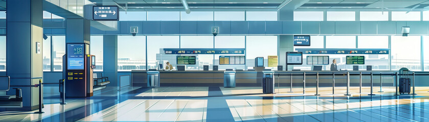 Airport Terminal Floor: Featuring check-in counters, security checkpoints, departure boards, and travelers with luggage