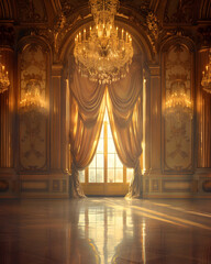 A large room with a chandelier and gold curtains. The room is empty and the curtains are open, letting in sunlight. The room has a grand and elegant feel to it
