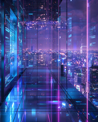 A cityscape with a neon glow and a reflection of the city in the glass. Scene is futuristic and vibrant