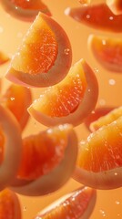 Close-up of a juicy orange slices flying in the air against a yellow background.