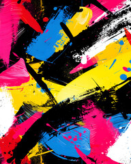 A colorful painting with splatters of paint and brush strokes. The painting is abstract and has a sense of chaos and energy