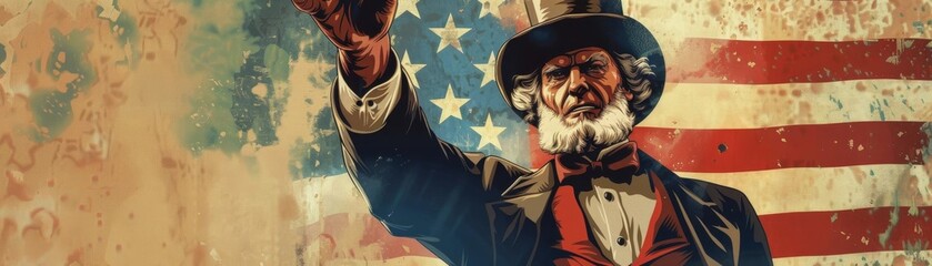 Uncle Sam illustration on Memorial Day, symbol of patriotism, focus on, celebrating national pride, ethereal, Overlay, vintage poster backdrop - Powered by Adobe