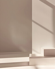 A white wall with a window and a white cube structure in the middle. The scene is simple and minimalistic, with the focus on the white blocks