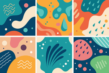 Set of round Abstract colorful Backgrounds or Patterns. Hand drawn doodle shapes. Spots, drops, curves, Lines. Contemporary modern trendy Vector