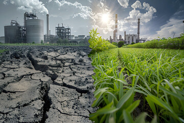 Half of the earth is dry and cracked, half of the earth is with green grass. Environmental pollution from large factories.