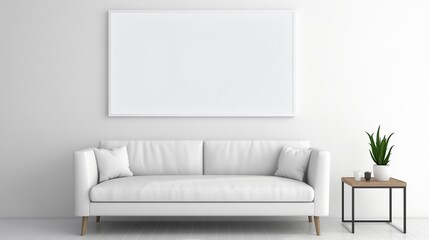 A white empty blank frame mockup mounted on a white wall in a sleek office, with glass partitions and modern furniture.