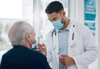 Doctor, senior man and test for disease in hospital for medical, diagnostic examination and health assessment. Male nurse, elderly person and nasal swab for respiratory virus, treatment and clinic.