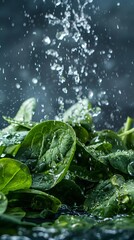 Fresh spinach leaves with water drops.