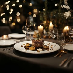 Naklejka premium fine dining table dining expensive, chef table, golden hour, steak, wagyu, angus, sirloin