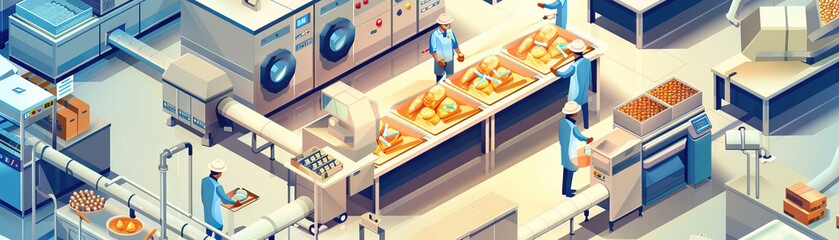 Food Production Floor: Featuring food processing equipment, assembly lines, packaging stations, and workers preparing food products