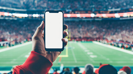 A man's hand holds a smartphone with a blank screen in a crowded sports football stadium, the layout is suitable for demonstrating sports betting applications or interacting on social networks.