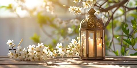 Fototapeta premium Serene lantern with flowers on wooden table, beside blooming white flowers on a tabletop