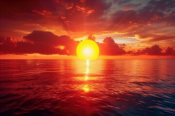 Red sunset over the sea with yellow sun on horizon. beautiful landscape background with copy space, nature photography