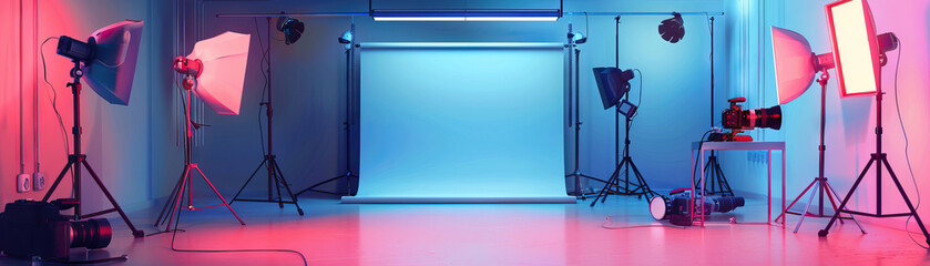 Photography Studio Floor: Displaying photography backdrops, lighting equipment, cameras, and photographers capturing images