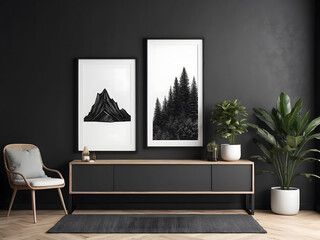 Black wooden frame for print mockup design, luxury home decor, interior design, poster, and downloadable art