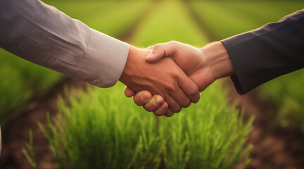 male handshake on the background of a farm with green vegetation close-up, selective focus