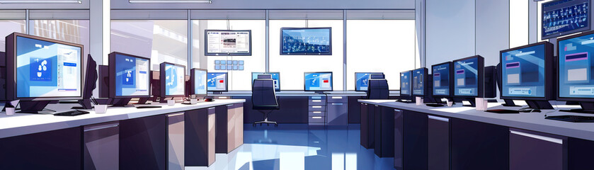 Tech Support Center Floor: Showing helpdesk stations, computer screens, troubleshooting tools, and support staff assisting customers