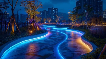 The AI-generated photo shows a beautiful park with a glowing blue river running through it