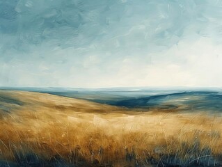 A beautiful abstract landscape painting showcasing golden fields under a blue, serene sky. The soothing tones evoke a sense of calm and peace.
