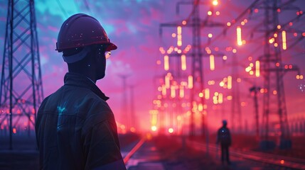 The image shows an electrical substation with a worker looking at the electrical infrastructure. There is another person in the background.