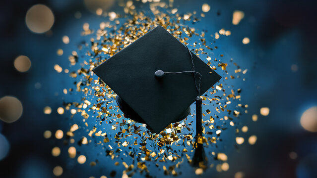 3D black graduation cap with golden confetti, university graduate celebration, blue background