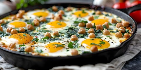 Flavorful Vegetarian Chickpea Shakshuka Cooked in a Cast Iron Skillet. Concept Vegetarian Recipes, Chickpea Shakshuka, Cast Iron Cooking