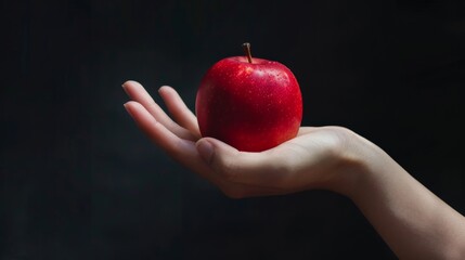 A hand holding a red apple in front of a black background.