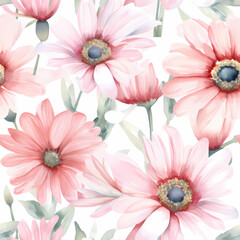 Seamless floral pattern with watercolor pink daisies and green leaves. Print for wallpaper, cards, fabric, wedding stationary, wrapping paper, cards, backgrounds, textures