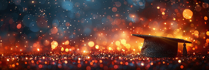 isolated black graduation cap banner, with golden confetti, university graduate celebration, blue background, bokeh