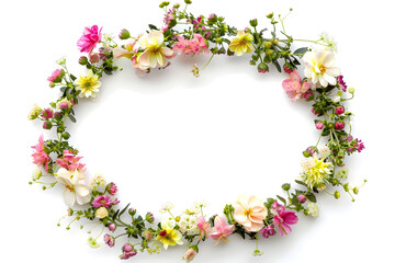 Field flower wreath on white background with copy space. Minimalist floral frame aesthetic.