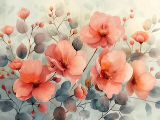 Elegant watercolor illustration of blooming peach flowers with delicate leaves, perfect for creative designs, prints, and home decor.