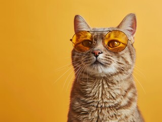 Cool tabby cat wearing aviator sunglasses against a bright yellow background. Stylish feline with attitude. Perfect for trendy content.