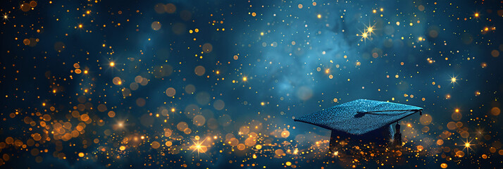 isolated black graduation cap banner, with golden confetti, university graduate celebration, blue background