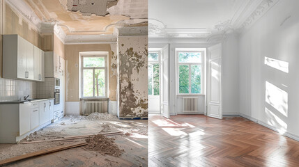 Modern kitchen before and after renovation, showcasing style transformation