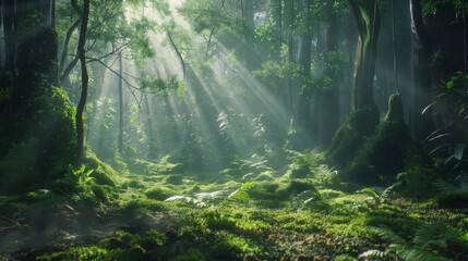 Obraz premium sun rays in the forest with natural beauty 