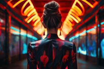 Obraz premium Back view of a stylish woman in a neon-lit urban passageway, showcasing modern fashion