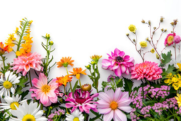 Vibrant colorful flowers on white background. Floral backdrop with copy space.
