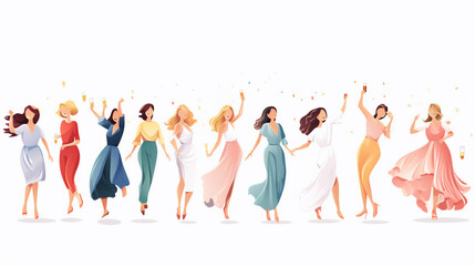 Vibrant Women Party Celebration Vector Illustration Set - Girls Dancing, Drinking Champagne, and Jumping in Wardrobes and Cocktail Dresses for Birthday and Holiday Events