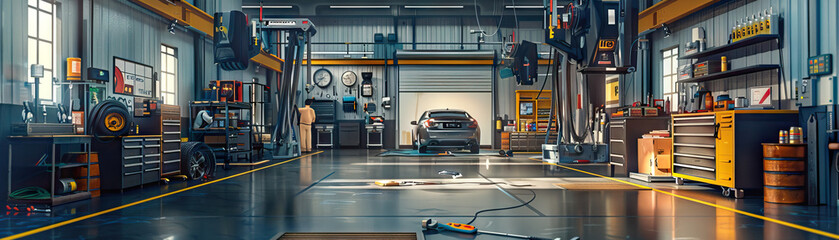 Automotive Workshop Floor: Featuring car lifts, tool chests, mechanic's bays, and technicians working on vehicles