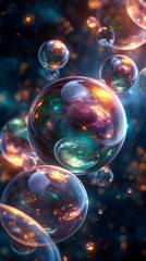 Glowing Spheres with Sparkling Bokeh Effect Floating in the air. Magical Cosmic Scene of wonder, star travel, many worlds and exploration.